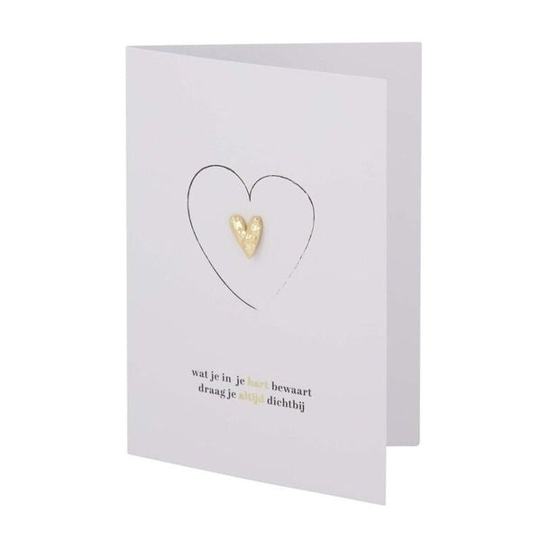 wenskaart broche hartje in je hart wit/zwart/goud