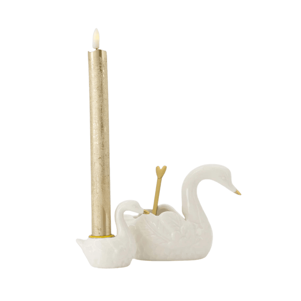Kandelaar keramiek zwaan wit/goud