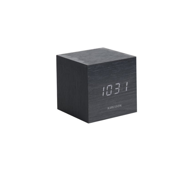 Alarm clock Mini Cube black veneer, white LED