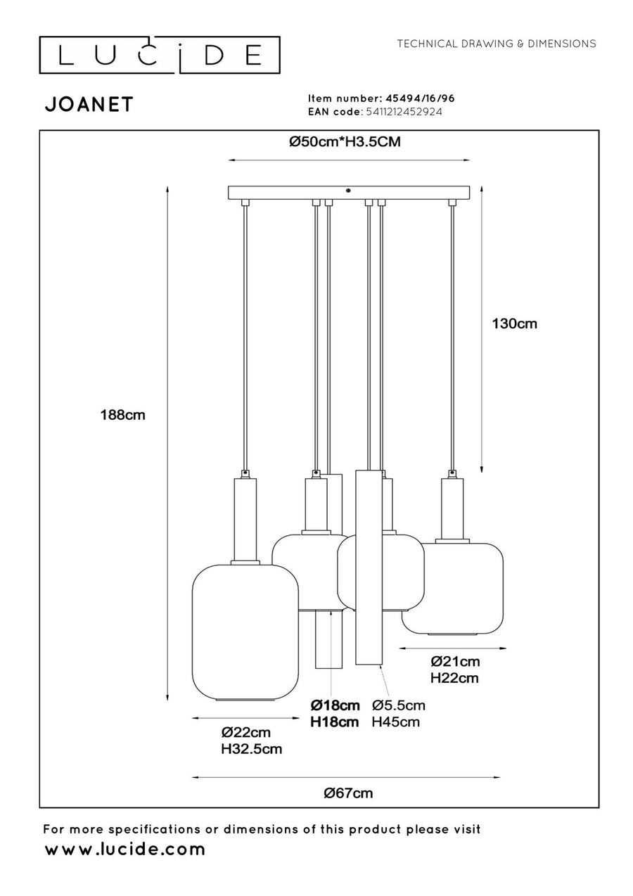 Lucide JOANET hanglamp Ø 65 cm, 3 × E27, messing