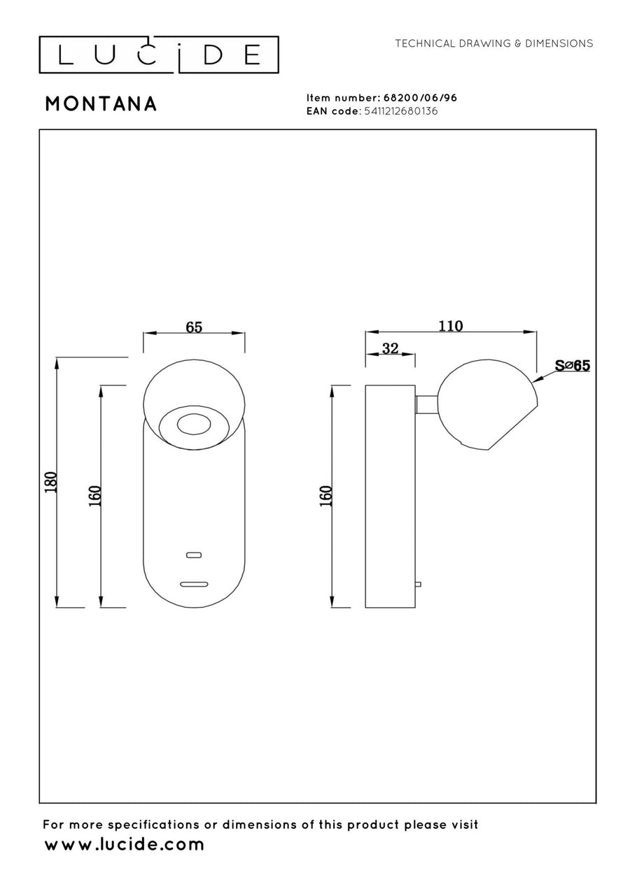 Lucide MONTANA LED-wandlamp met USB-poort, 6 W, 2700–4000 K, koffie