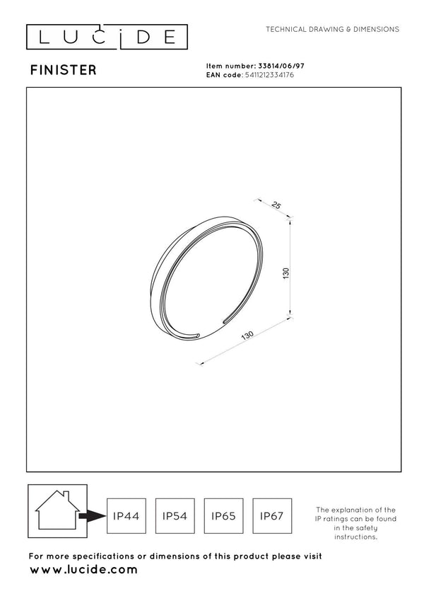 Lucide FINISTER LED-wandlamp voor binnen en buiten Ø 13 cm, 6 W, IP54, roestbruin