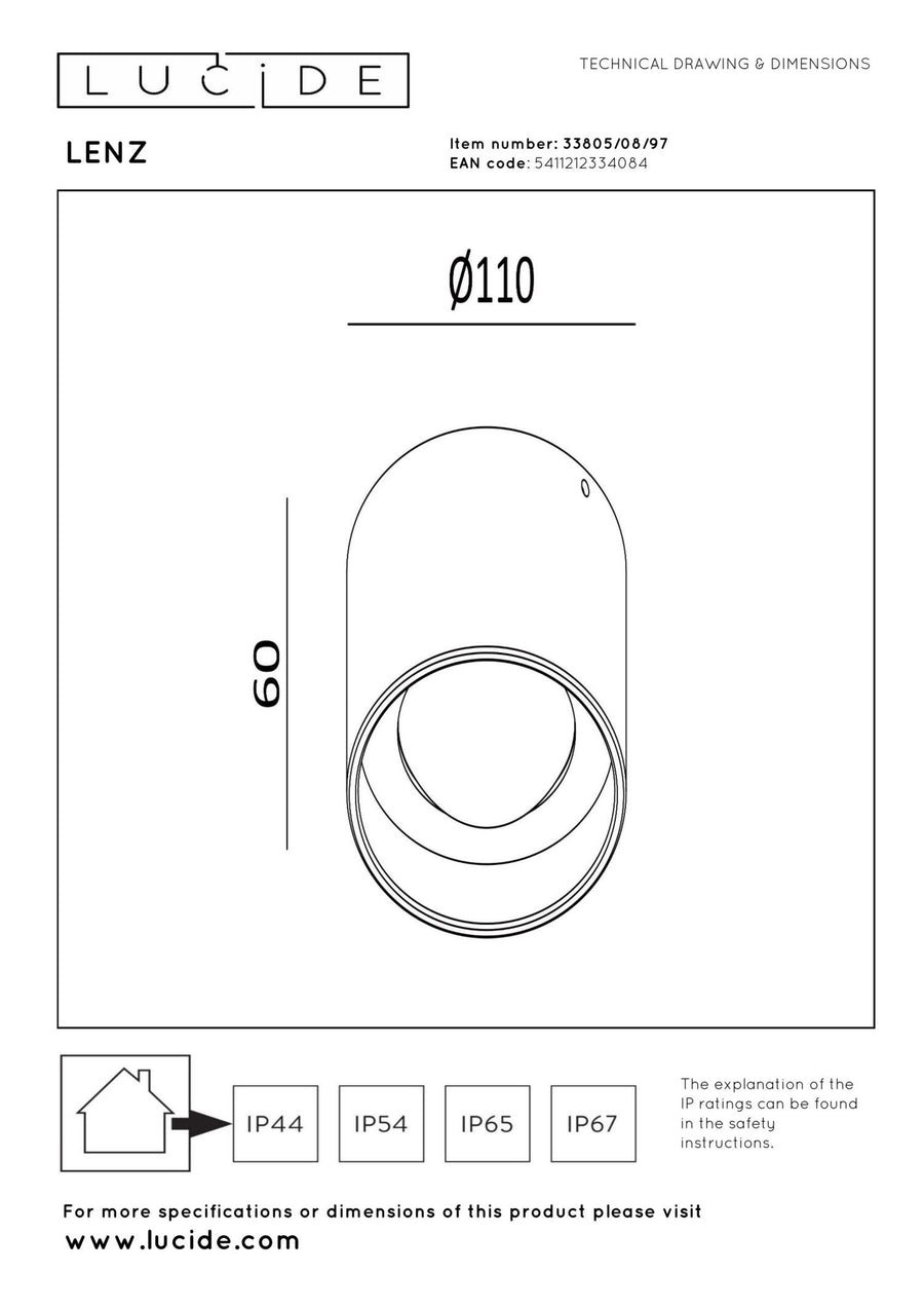 Lucide LENZ LED-plafondspot voor binnen en buiten Ø 11 cm, 8 W, IP54, roestbruin