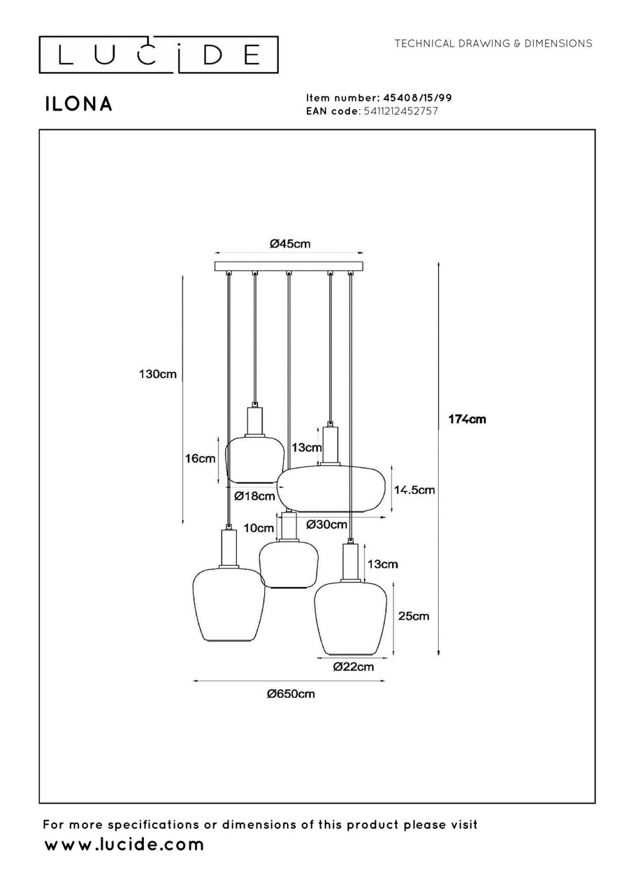 Lucide ILONA hanglamp 5 × E27, zwart
