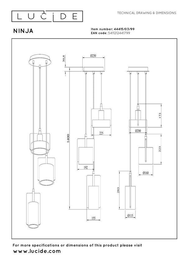 Lucide NINJA hanglamp 3 × E27, meerkleurig