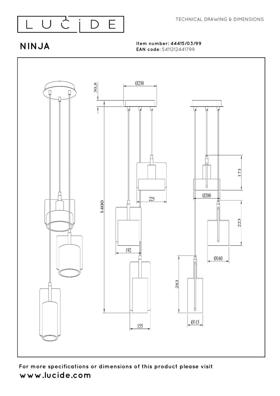 Lucide NINJA hanglamp 3 × E27, meerkleurig