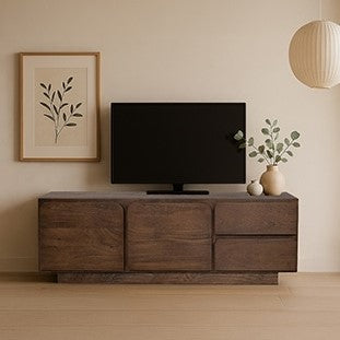 Tv dressoir 150 met 2 deuren en 2 lades, mango dark malt