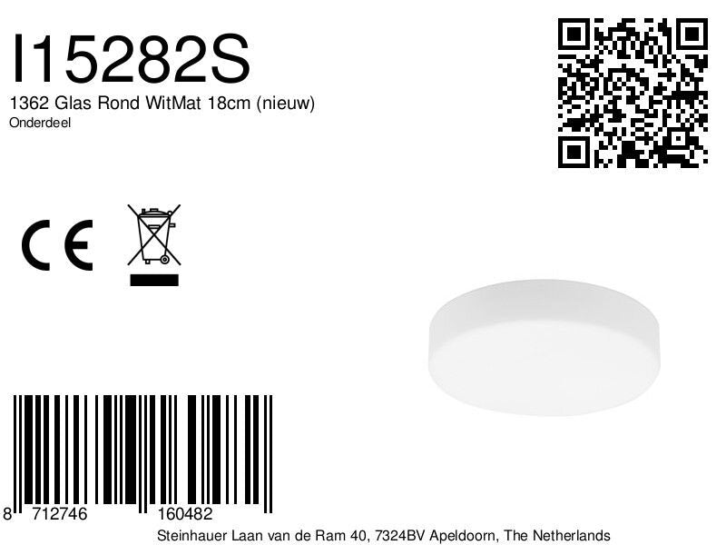 1362 Glas Rond WitMat 18,5cm (nieuw