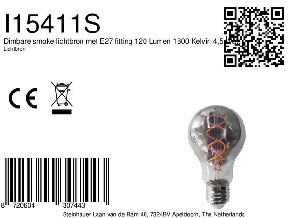 Dimbare smoke lichtbron met e27 fitting 120 lumen 1800 kelvin 4,5 watt