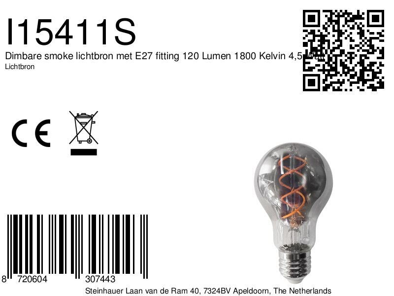 Dimbare smoke lichtbron met e27 fitting 120 lumen 1800 kelvin 4,5 watt
