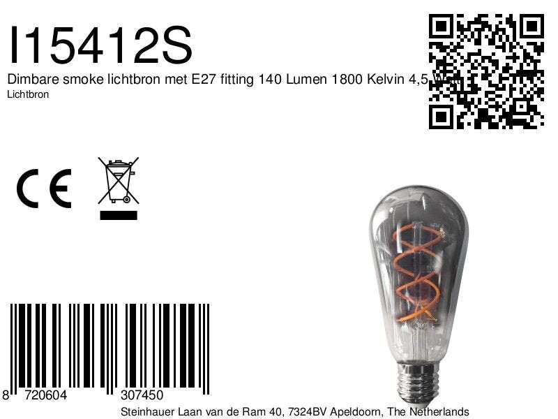 Dimbare smoke lichtbron met e27 fitting 140 lumen 1800 kelvin 4,5 watt