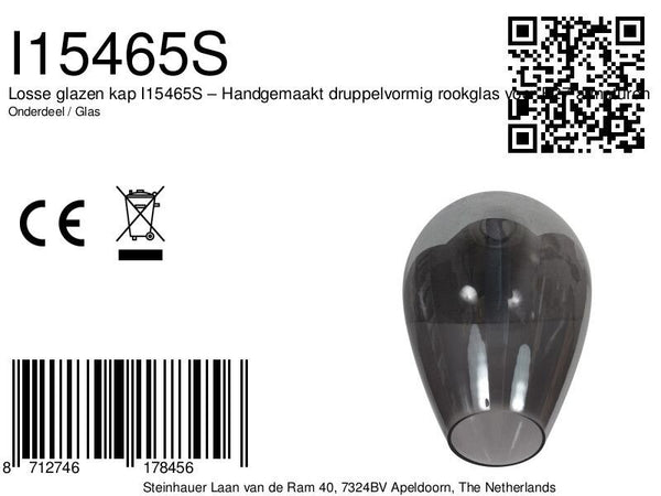 Losse glazen kap i15465s – handgemaakt druppelvormig rookglas voor e27 armaturen