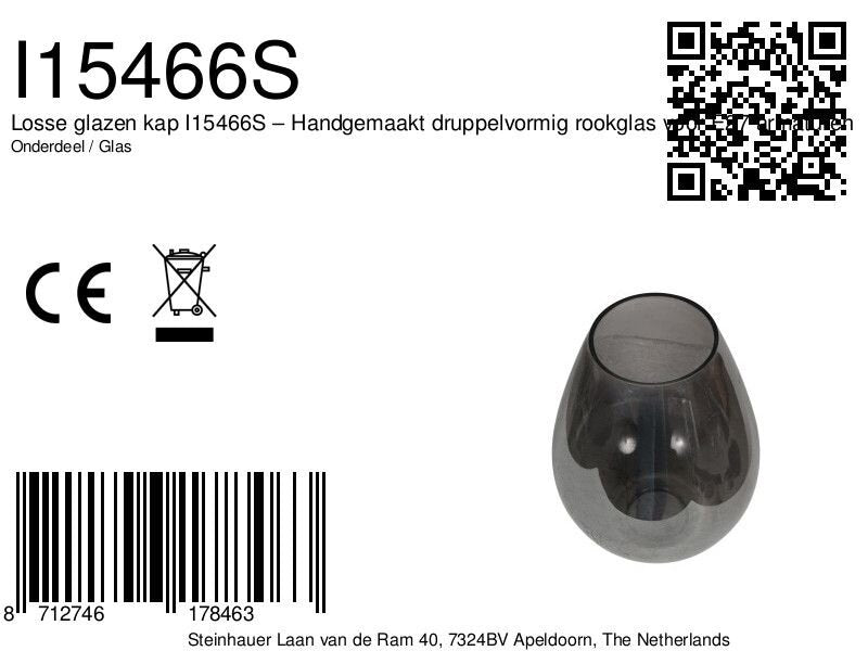 Losse glazen kap i15466s – handgemaakt druppelvormig rookglas voor e27 armaturen