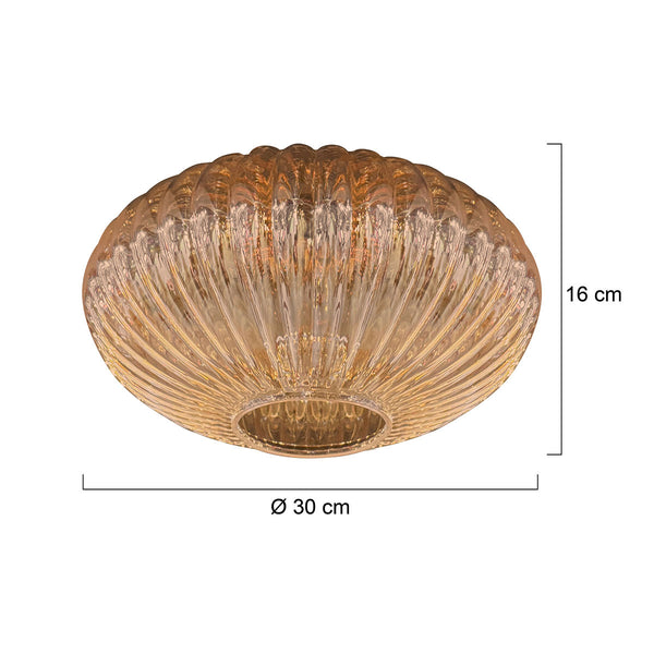 Glazen kap i15471s – handgemaakt ufo-vormig ribbelglas in amberkleur