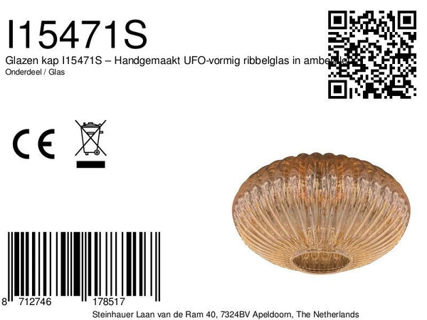Glazen kap i15471s – handgemaakt ufo-vormig ribbelglas in amberkleur