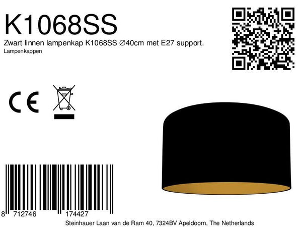 Zwart linnen lampenkap k1068ss ⌀40cm met e27 support.
