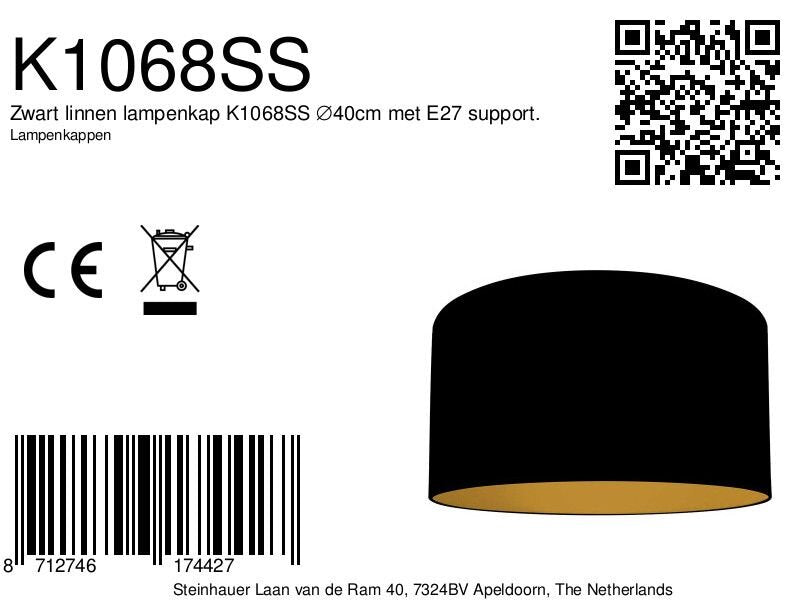 Zwart linnen lampenkap k1068ss ⌀40cm met e27 support.