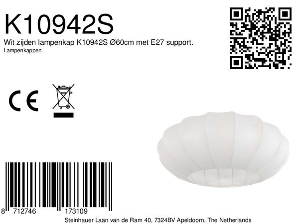 Wit zijden lampenkap k10942s ø60cm met e27 support.