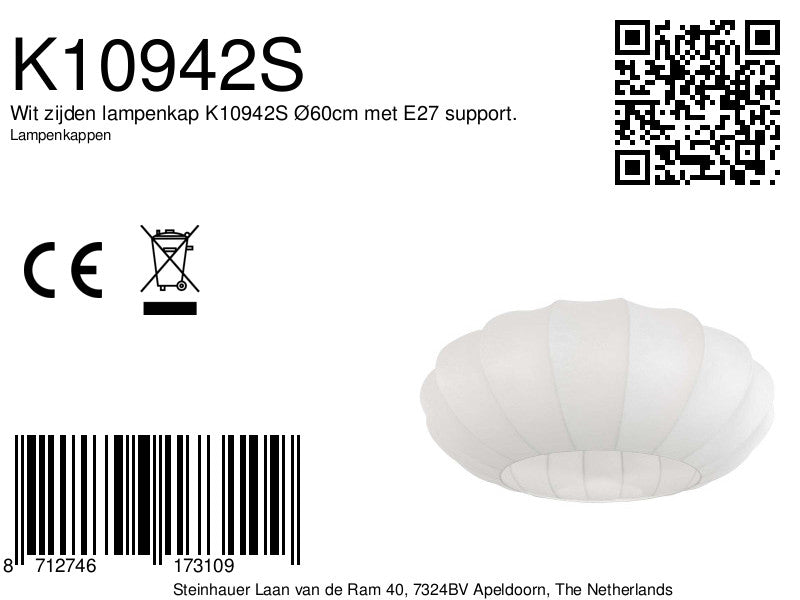 Wit zijden lampenkap k10942s ø60cm met e27 support.