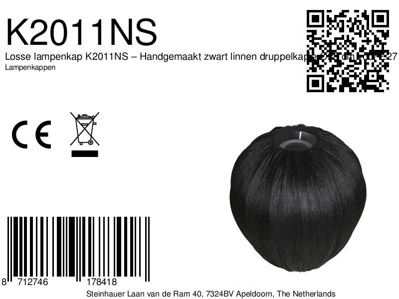 Losse lampenkap k2011ns – handgemaakt zwart linnen druppelkapje ø25 cm voor e27 armaturen