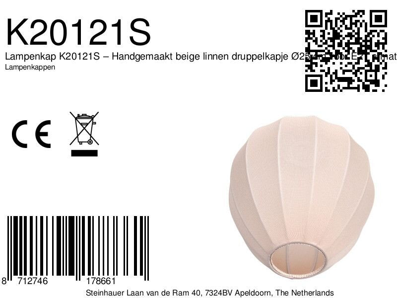 Lampenkap k20121s – handgemaakt beige linnen druppelkapje ø25 cm voor e27 armaturen