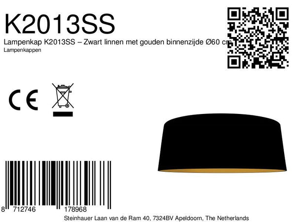 Lampenkap k2013ss – zwart linnen met gouden binnenzijde ø60 cm