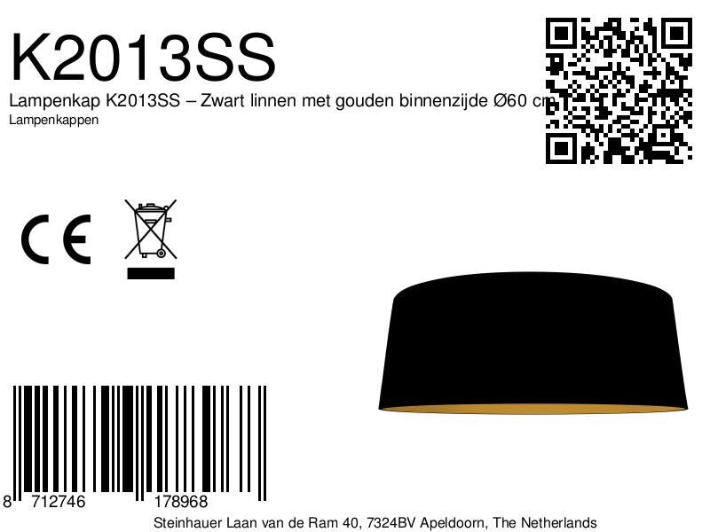 Lampenkap k2013ss – zwart linnen met gouden binnenzijde ø60 cm