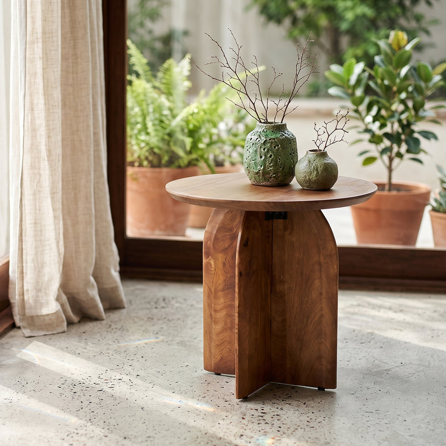 Bullnose mangohouten bijzettafel cross Ø 50 cm