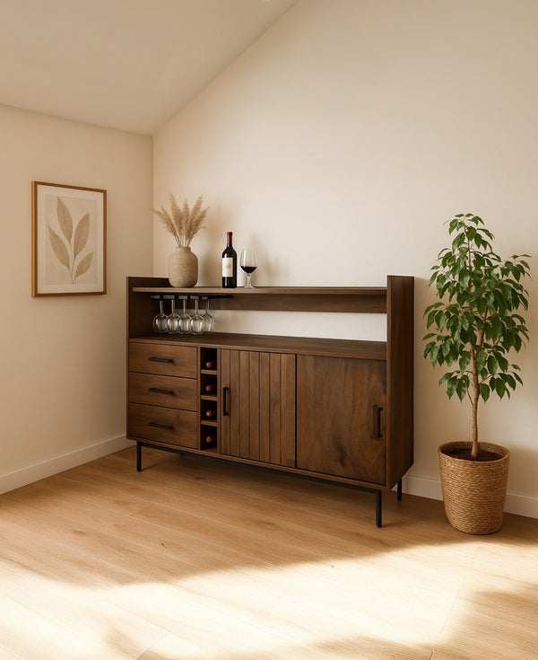 Barkast 160 met 2 schuifdeuren en 3 lades, mango brown walnut