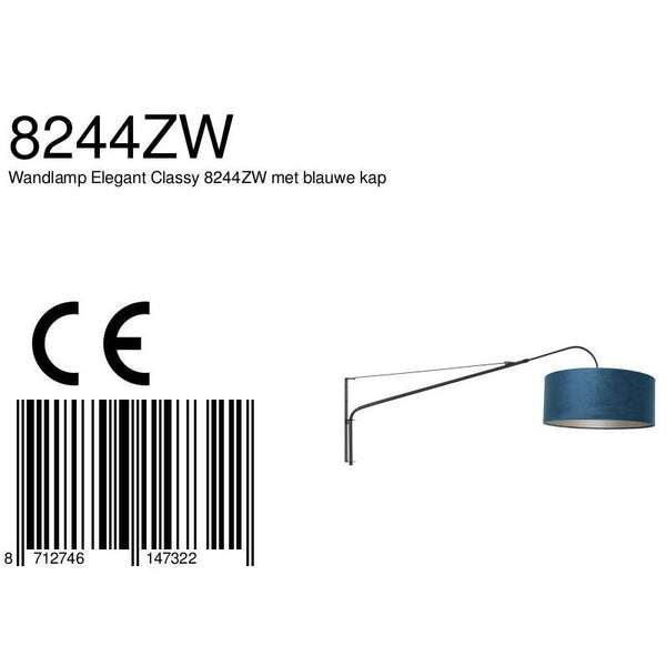 Wandlamp Elegant Classy 2574ZW+K1066ZS Zwart-Fluweel Blauw