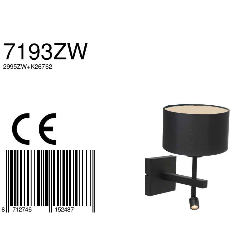 Wandlamp Stang 7193ZW Zwart + Kap Zwart Linnen