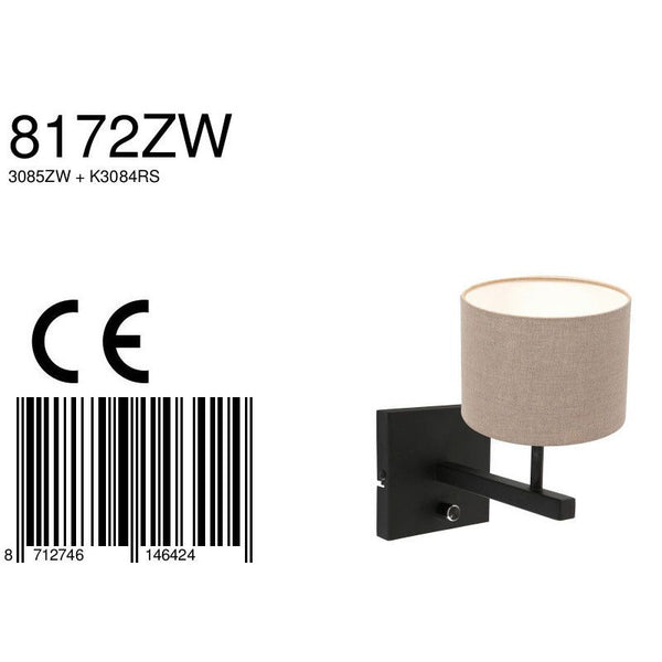 Wandlamp Stang 8172 Zwart + Kap Grijs Linnen
