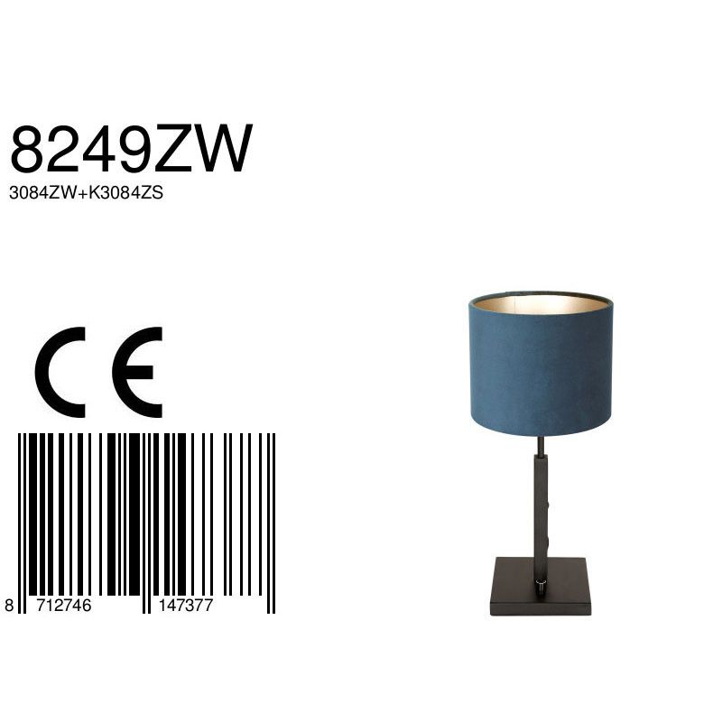Tafellamp Stang 8249ZW Zwart + Kap Velours Blauw