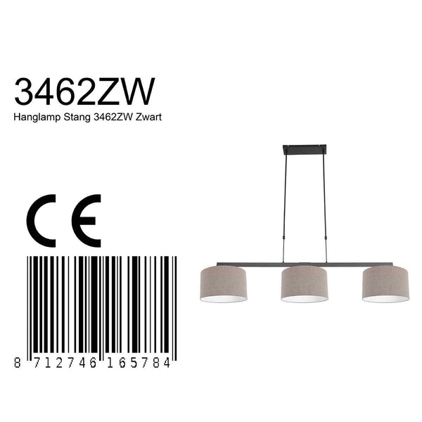 Hanglamp Stang 3462ZW Zwart + Kap Grijs Linnen
