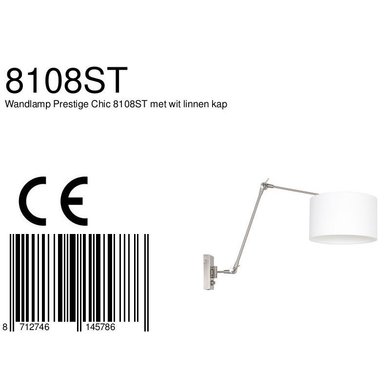 Wandlamp Prestige Chic 7396ST+K7396QS Staal-Wit Linnen