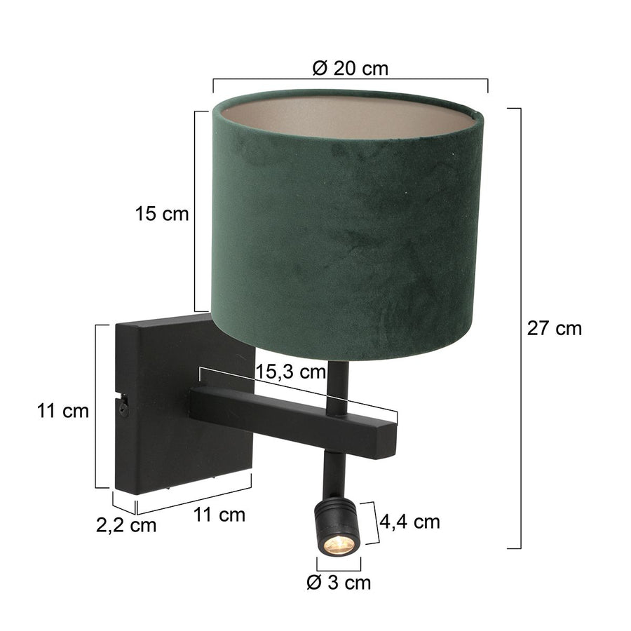 Wandlamp Stang 8205ZW Zwart + Kap Velours Groen