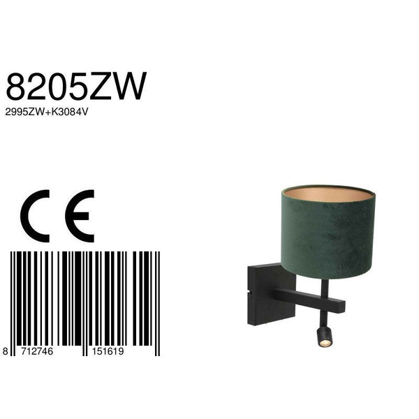 Wandlamp Stang 8205ZW Zwart + Kap Velours Groen