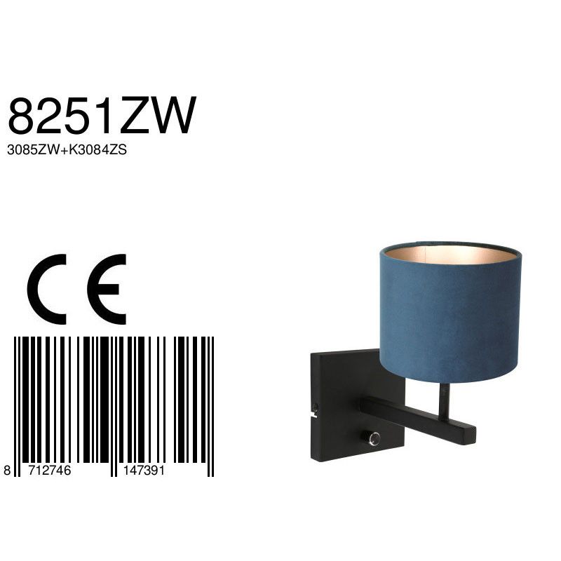 Wandlamp Stang 8251ZW Zwart + Kap Velours Blauw