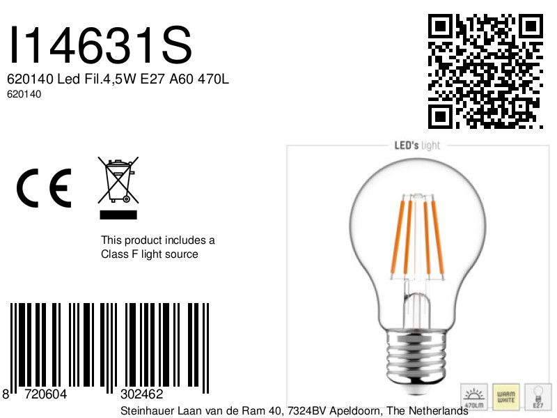 600109 Led Filament 4W E27 A60 470L