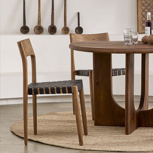 Freya teak eetkamerstoel met leer Zwart set van 2