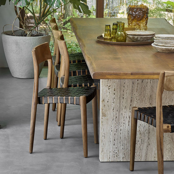 Freya teak eetkamerstoel met leer Zwart set van 2