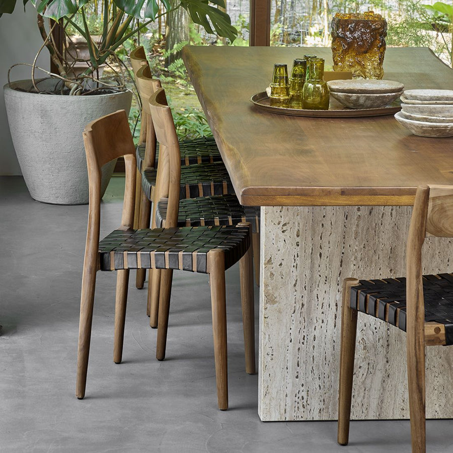 Freya teak eetkamerstoel met leer Zwart set van 2