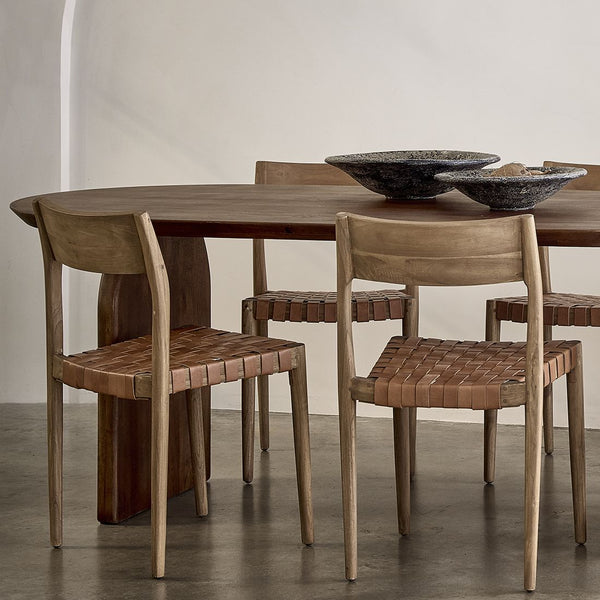 Freya teak eetkamerstoel met leer Naturel set van 2