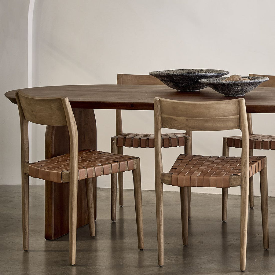 Freya teak eetkamerstoel met leer Naturel set van 2