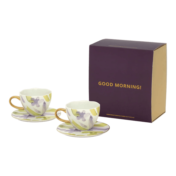 Good Morning Kop Cappuccino/Tea and bord liatris/Kusha, set van 4, in gift pack