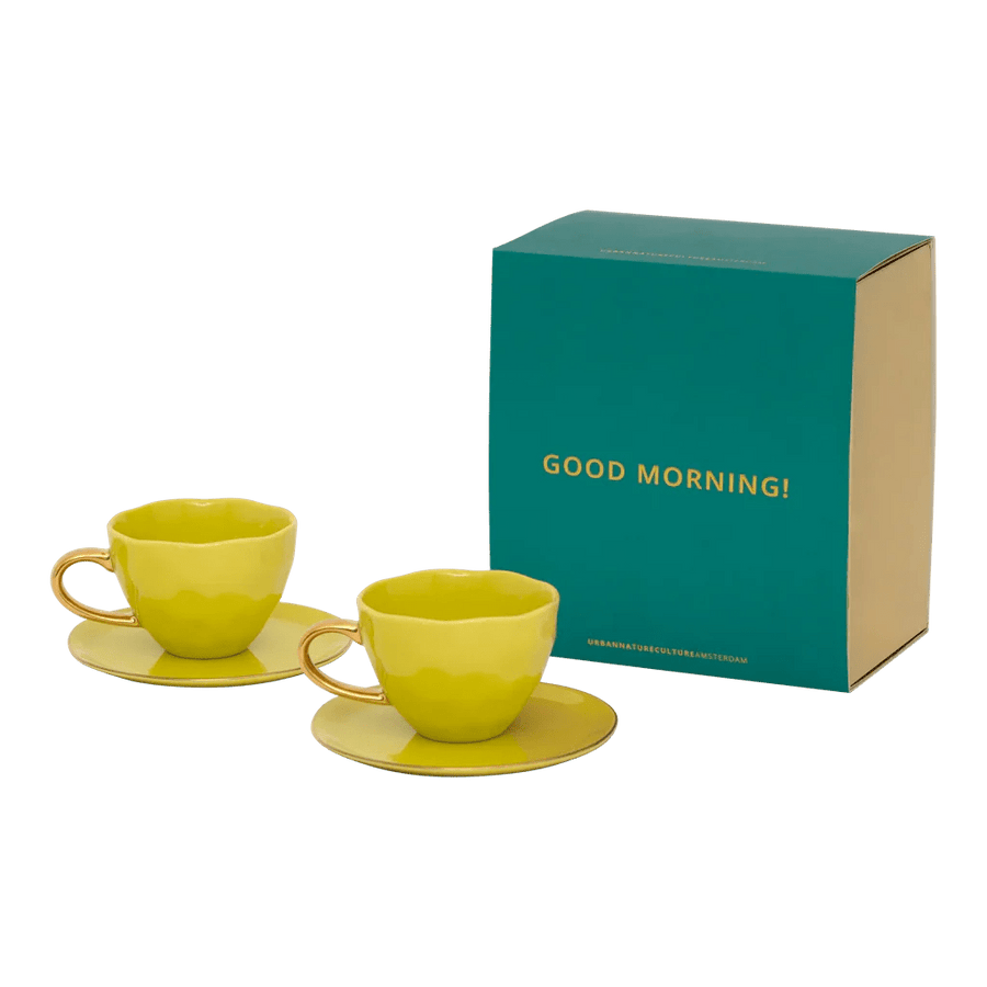 Good Morning Kop Cappuccino/Tea and bord liatris/lime light, set van 4, in gift pack