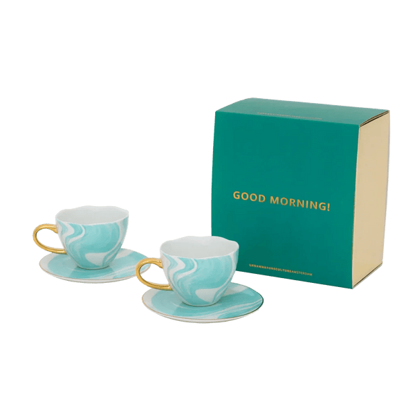Good Morning Kop Cappuccino/Tea and bord Valuri Emerald Green, set van 4, in gift pack