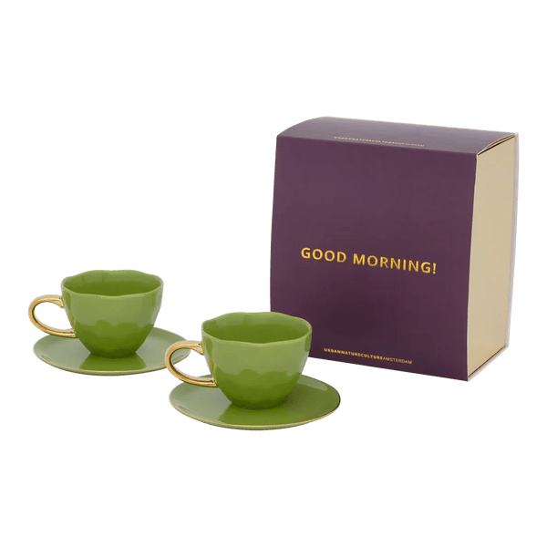 Good Morning Kop Cappuccino/Tea and bord evergreen sprig, set van 4, in gift pack