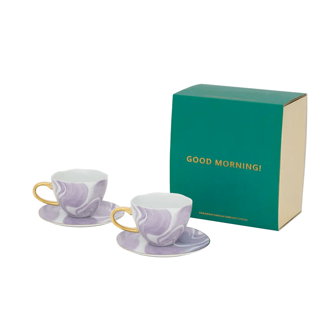 Good Morning Kop Cappuccino/Tea and bord Valuri Violet, set van 4, in gift pack