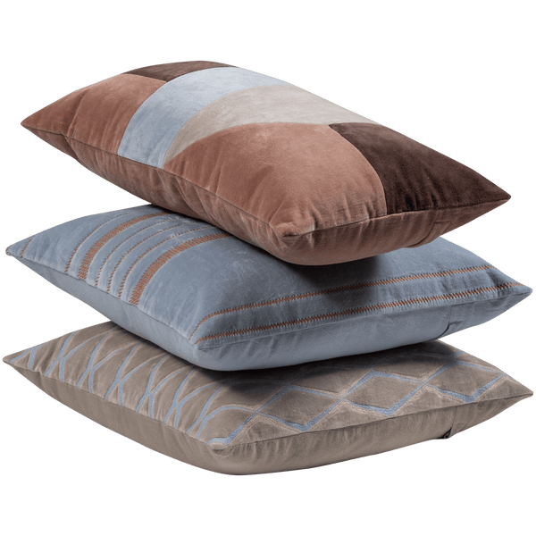 LAON Kussen VELVET NATUREL/BLAUW - SET VAN 3